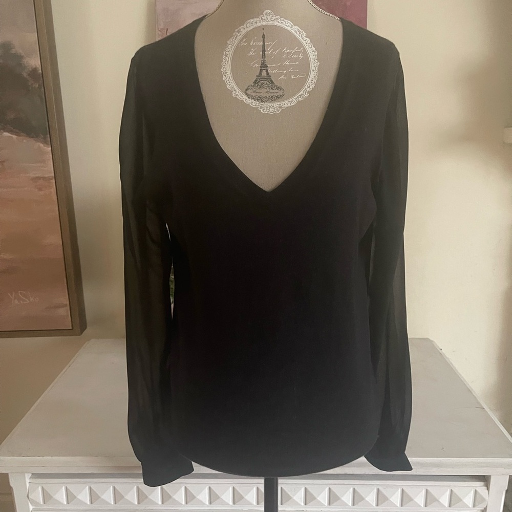 Banana Republic Black V-Neck Sweater with Sheer Sleeves